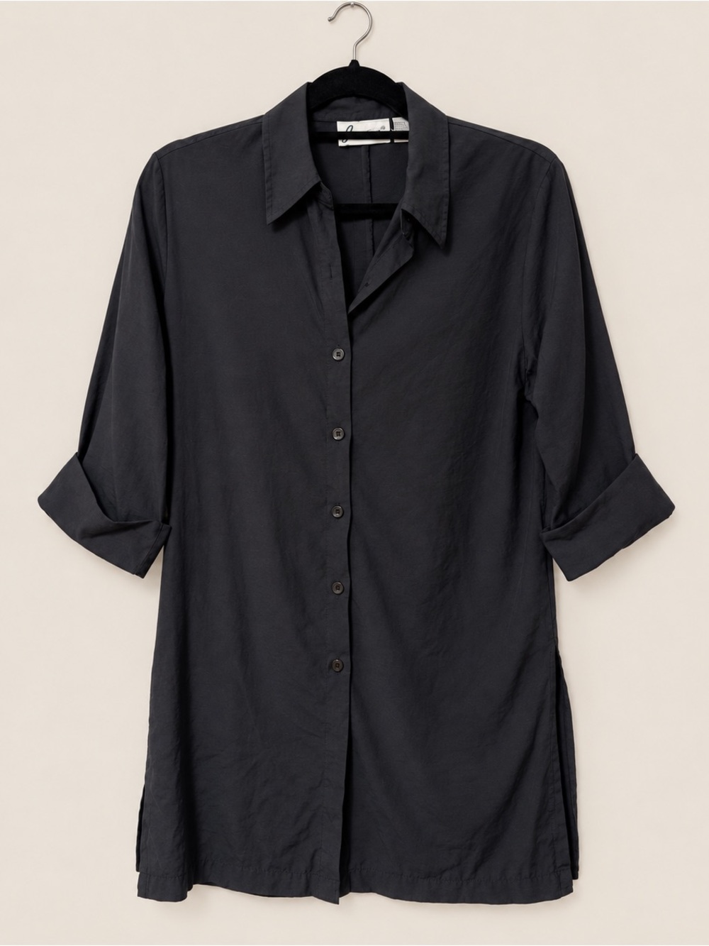 Joanna Black Longline Button-Down Tunic Shirt Side Slits Size S